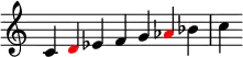 {
\override Score.TimeSignature #'stencil = ##f
\relative c' {
\clef treble \time 7/4
c4 \once \override NoteHead.color = #red d es f g \once \override NoteHead.color = #red aes bes c
} }