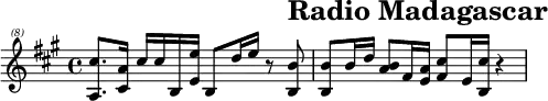\header{tagline=##f title="Radio Madagascar"}
% https://www.intervalsignals.net/sounds/mdg-radio_madagascar_060815.mp3
common = {\clef "treble^(8)" \key a \major}
main = \relative{
\set Staff.midiInstrument = "kalimba"
\set midiMaximumVolume = #1.1 \common \grace{s16*4}
<cis''' a,>8. <a cis,>16 cis cis b, <e' e,> b,8 d'16 e r8 <b b,>
<b b,> b16 d <b a>8 fis16 <a e> <cis fis,>8 e,16 <cis' b,>16 r4
}
acco = \relative{
\set Staff.midiInstrument = "acoustic guitar (nylon)"
\set midiMaximumVolume = #0.7 \common \grace{<e cis'>16*4}
<a, e' cis'>4 4 8. 16 r8 q8 <e' gis d'>8. 16 b8 q <a e' cis'>8. 16
}
\score{\main \layout{indent=#0 line-width=#120 }}
\score{<<\main \new Staff \acco>> \midi{\tempo 4=124}}