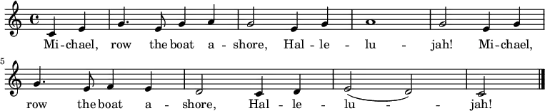 \fixed c' {
\time 4/4 \key c \major
\partial 2
c4 e | g4. e8 g4 a | g2 e4 g | a1 | g2 e4 g | \break
g4. e8 f4 e | d2 c4 d | e2( d2) | c2 \bar "|."
}
\addlyrics {
\repeat unfold 2 { Mi -- chael, row the boat a -- shore, Hal -- le -- lu -- jah! }
}