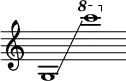 {
\new Staff \with { \omit Score.TimeSignature }
\key c \major \cadenzaOn
\clef treble g1 \glissando s \ottava #1 c''''
}
