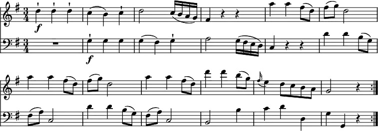 \header { tagline = ##f }
\paper { #(set-paper-size "a4") }
\layout { indent = 0 \context { \Score \remove "Bar_number_engraver" } }
global = { \key g \major \time 3/4 }
violin = \relative c'' { \global \set Score.midiInstrument = "string ensemble 1"
\repeat volta 2 { d4-!\f d-! d-! | c (b) c-! | d2 c16 (b a g) | fis4 r r |
a' a fis8 (d) | fis (g) d2 | a'4 a fis8 (d) | fis (g) d2 |
a'4 a fis8 (d) | d'4 d b8 (g) | \grace fis16 (e4) d8 c b a | g2 r4 }
}
cello = \relative c' { \global \clef bass
\repeat volta 2 { R2. | g4-!\f g g | g (fis) g-! | a2 g16 (fis e d) |
c4 r r | d' d b8 (g) | fis (a) c,2 | d'4 d b8 (g) | fis (a) c,2 |
b b'4 | c d d, | g g, r }
}
\score {
<<
\new Staff \violin
\new Staff \cello
>>
\layout { }
}
\score { \unfoldRepeats { << \violin \\ \cello >> }
\midi { \tempo 4=120 }
}