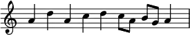 \header{ title = "NRK – Pausesignalet" }
% https://www.intervalsignals.net/sounds/nor-z-radio_norway_1966.mp3
\relative{
\time 9/4 \omit Staff.TimeSignature a' d a c d c8 a8 b8 g8 a4*2
}
\midi{\tempo 4=86 \set Staff.midiInstrument = "celesta"}