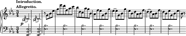\relative c' {
\new PianoStaff <<
\new Staff { \key c \minor \time 3/4
\tempo \markup {
\column {
\line { Introduction. }
\line { Allegretto. }
}
}
s \slashedGrace a8( bes2.) \slashedGrace a8( bes2.) r8 g' bes ees g ees' d f, aes c bes d, c aes' g bes, aes f' ees g, bes g' ees4( ees8) g, bes g' ees bes d aes bes f' d4( d8) aes bes f' d bes ees g, bes ees bes r
}
\new Dynamics {
s\p
}
\new Staff { \key c \minor \time 3/4 \clef bass
s4 <ees,,, bes' ees>2. <ees bes' ees> <ees' bes'>2. <ees bes'> <ees bes'> <ees bes'> <ees bes'> <ees bes'> <ees bes'> <ees bes'>
}
>>
}