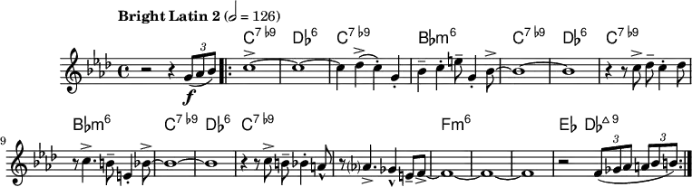 \version "2.22.0"
\header { tagline = "" }
global = {
\time 4/4
\key f \minor
\set Score.tempoHideNote = ##f
\tempo "Bright Latin 2" 2=126
\set chordChanges = ##t
}
chordNames = \transpose c c, \chordmode {
\global
R1 |
\repeat volta 2 {
c1:9- |
des1:6 |
c1:9- |
bes,1:min6 |
c1:9- |
des1:6 |
c1:9- |
bes,1:min6 |
c1:9- |
des1:6 |
c1:9- |
c1:9- |
f1:min6 |
f1:min6 |
f1:min6 |
es4 des2.:maj9
}
}
melody =
\relative c'' {
r2 r4 \tuplet 3/2 { g8(\f as bes) } |
\repeat volta 2 {
c1~-> |
c1~ |
c4 des->( c-.) g-. |
bes-- c-. e8-- g,4-. bes8~-> |
bes1~ |
bes1 |
r4 r8 c-> des-- c4-. des8 |
r8 c4.-> b8-- e,4-. bes'8~-> |
bes1~ |
bes1 |
r4 r8 c-> b-- bes4-. a8-^ |
r8 as?4.-> ges4-^ e8-- f~-> |
f1~ |
f1~ |
f1 |
r2 \tuplet 3/2 { f8( ges as } \tuplet 3/2 { a bes b) }
}
}
\score {
<<
\new ChordNames \chordNames
\new Staff {
\global
\melody
}
>>
\layout { }
}
\score {
\unfoldRepeats
<<
\new ChordNames \chordNames
\new Staff {
\global
\melody
}
>>
\midi { }
}