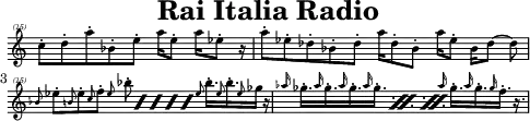 \header{tagline=##f title="Rai Italia Radio"}
% https://www.intervalsignals.net/sounds/ita-z-rai_international_220907.mp3
main = \relative{
\clef "treble^(15)" \omit Staff.TimeSignature
\time 17/16 \set Timing.beatStructure = 10,3,4
c''''8-. d-. a'-. bes,-. e-. a16 e8-. a16 es8-. r16
\time 23/16 \set Timing.beatStructure = 10,5,3,3,2
a8-. es-. des-. bes-. des-. a'16 des,8-. bes-. a'16 es8-. bes16 des8~ 8
\time 21/16 \set Timing.beatStructure = 6,10,5
\grace{bes8}es-. \grace{b}es-. \grace{c}f-.
\repeat percent 5{\grace{es}bes'-.}
\grace{es,}bes'16.-. \grace{es,8}bes'16.-. \grace{es,8}ges16 r
\time 12/8
\repeat percent 3{\repeat unfold 4{\grace{as16}ges16.-.}}
\repeat unfold 2{\grace{as16}ges16.-.} \grace{ges16}f16.-. r
}
\score{\main \layout{\context{\Staff \magnifyStaff 0.7}}}
\score{
\unfoldRepeats \main
\midi{\tempo 4=238 \set Staff.midiInstrument = "ocarina"}
}
\paper{indent=#0 line-width=#120
system-system-spacing = #'((basic-distance . 7))
}