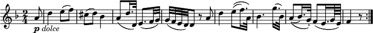 { \tempo 4 = 48 \set Score.tempoHideNote=##t \set Staff.midiInstrument = "violin" \relative a' { \key d \minor \time 2/4
\partial 8 a8 _\markup { \musicglyph #"p" \italic "dolce" } | d4 e8( f)| cis8( d) bes4 |
a8( d16. d,32) e8.( f32 g) | g32( f e d) d8 r a' |
d4 e8(\( f16.) a,32\) | bes4. g'16.( bes,32) | a8(\( bes16.) g32-.\) f8( e16. g64 e) | f4 r8 \bar ":|." }}
\layout { \context { \Score \override SpacingSpanner.common-shortest-duration = #(ly:make-moment 1/8) }}