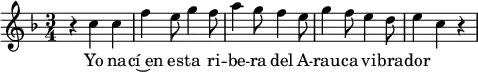 \header{ title = "Radio Nacional de Venezuela" }
% https://www.intervalsignals.net/sounds/ven-rnv_international_101008.mp3
\relative{
\key f \major \time 3/4
r4 c'' c f e8 g4 f8 a4 g8 f4 e8 g4 f8 e4 d8 e4 c r4
}
\addlyrics{Yo na -- cí~en es -- ta ri -- be -- ra del A -- rau -- ca vi -- bra -- dor}
\layout{indent=#0 line-width=#120 }
\midi{\tempo 2.=72 \set Staff.midiInstrument = "synthbrass 2"}