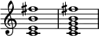 
{
    \override Score.TimeSignature #'stencil = ##f
        \time 4/4

        <c' e' b' fis''>1
        <c' e' g' b' fis''>1
}
