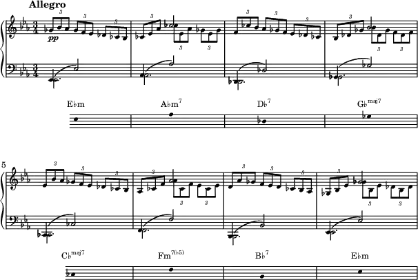  { <<

 \new PianoStaff <<
  \new Staff << \magnifyStaff #2/3
   \new Voice \relative c' {
   \key es \major \set Score.tempoHideNote = ##t \tempo 4 = 120 \time 3/4
   \mark \markup { \abs-fontsize #10 { \bold { Allegro } } }
   \times 2/3 {ges'8_\markup{\dynamic pp} bes aes} \times 2/3 {ges f ees} \times 2/3 {des ces bes} |
   \times 2/3 {ces ees aes} \stemDown \times 2/3 {ces ees, aes} \times 2/3 {ges ees ges} |
   \stemNeutral \times 2/3 {f ces' bes} \times 2/3 {aes ges f} \times 2/3 {ees des ces} |
   \times 2/3 {bes des ges} \stemDown \times 2/3 {bes des, ges} \times 2/3 {f des f} |
   \stemNeutral \times 2/3 {ees bes' aes} \times 2/3 {ges f ees} \times 2/3 {des ces bes} |
   \times 2/3 {aes ces f} \stemDown \times 2/3 {aes ces, f} \times 2/3 {ees ces ees} |
   \stemNeutral \times 2/3 {d aes' ges} \times 2/3 {f ees d} \times 2/3 {ces bes aes} |
   \times 2/3 {ges bes ees} \stemDown \times 2/3 {ges bes, ees} \times 2/3 {des bes des} |
   }
   \new Voice \relative c' { \stemUp
   s2. | s4 ces'2 | s2. | s4 bes2 |
   s2. | s4 aes2 | s2. | s4 ges2 |
   }
  \new Staff << \magnifyStaff #2/3
   \new Voice \relative c' {
   \key es \major \clef F \time 3/4 \stemUp \slurUp
   ees,,4( ees'2) | aes,4( aes'2) | des,,4( des'2) | ges,4( ges'2)
   ces,,4( ces'2) | f,4( f'2) | bes,,4( bes'2) | ees,4( ees'2)
   } 
   \new Voice \relative c' { \stemDown
   ees,,2. | aes2. | des,2. | ges2.
   ces,2. | f2. | bes,2. | ees2.
   } 
 >> >> >>
 \new Staff = "chords" \with {
      \omit TimeSignature
      \magnifyStaff #2/3
    } \relative c' 
 { \hide Staff.KeySignature \key ees \major \clef bass \hide Staff.Clef
 {\stopStaff s4 \startStaff \hide Stem ees,8 s s s s s aes s s s s s des, s s s s s ges s s s \stopStaff s s \startStaff ces, s s s s s f s s s s s bes, s s s s s ees}} 
\addlyrics \with { alignAboveContext = "chords" \override VerticalAxisGroup.nonstaff-relatedstaff-spacing =
      #'((basic-distance . 3)) } { \override LyricText.font-size = #-2 E♭m \markup{\concat{A♭m\super{7}}} \markup{\concat{D♭\super{7}}} \markup{\concat{G♭\super{maj7}}} \markup{\concat{C♭\super{maj7}}} \markup{\concat{Fm\super{7(♭5)}}}  \markup{\concat{B♭\super{7}}} E♭m }
 >>
 }
\layout { line-width = #150 }
