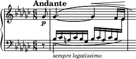 \new PianoStaff <<
\new Staff = "Up" \with { \magnifyStaff #3/4 } <<
\new Voice \relative c' {
\clef treble
\tempo "Andante"
\set Score.tempoHideNote = ##t \tempo 4. = 60
\time 6/8
\key ees \minor
\partial 8
ges'8 \p \dynamicUp ges4.^(~ges4 \< f16 ees \! \hide r)
}
>>
\new Staff = "Down" \with { \magnifyStaff #3/4 } <<
\new Voice \relative c{
\clef bass
\key ees \minor
\stemUp
r8 bes'16_(ces a ces bes ges bes ces a ces bes \change Staff = "Up" \stemDown ees) s
}
\new Voice \relative c{
\clef bass
s8 ees2._\markup{\italic sempre \italic legatissimo}
}
>>
>>