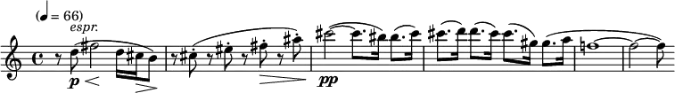\new Staff \relative c'' {
\clef treble \time 4/4 \key c \major \tempo "" 4=66 \set Staff.midiInstrument = #"oboe"
r8 d-\p^\markup{\italic"espr."}\<(fis2\! d16 cis\> b8\!)
r8 cis-.( r8 eis-. r8 fis-.\> r8 ais-.) cis2-\pp~(cis8. bis16) bis8.(cis16) cis8.(d16) d8.(cis16) cis8.(gis16) gis8.(a16 f!1~f2~f8)
}