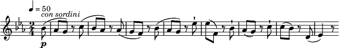 \relative c''' {
\key ees \major
\time 2/4
\tempo 4 = 50
\partial 4 \partial 8 bes,8\p^\markup { \italic {con sordini} } (aes g) r8
c8 (bes aes) r8
aes (g f) r8 bes (aes g) r8
ees'-! ees (f,) r8 bes-!
aes (g) r8 c-!
c (bes) r8
d, (ees4) r8
}